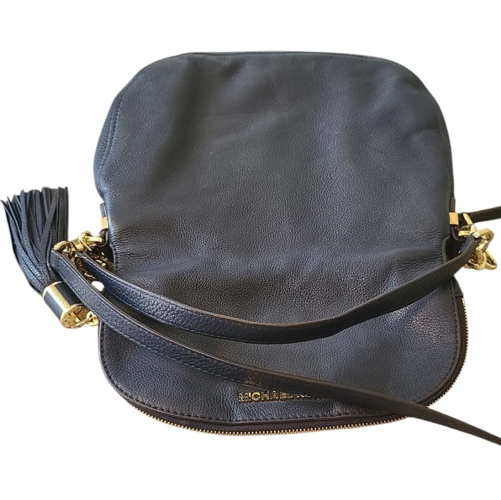 MICHAEL KORS Signature Fold Over Navy Blue Crossbody / Shoulder Bag w/ Gold - Picture 8 of 15